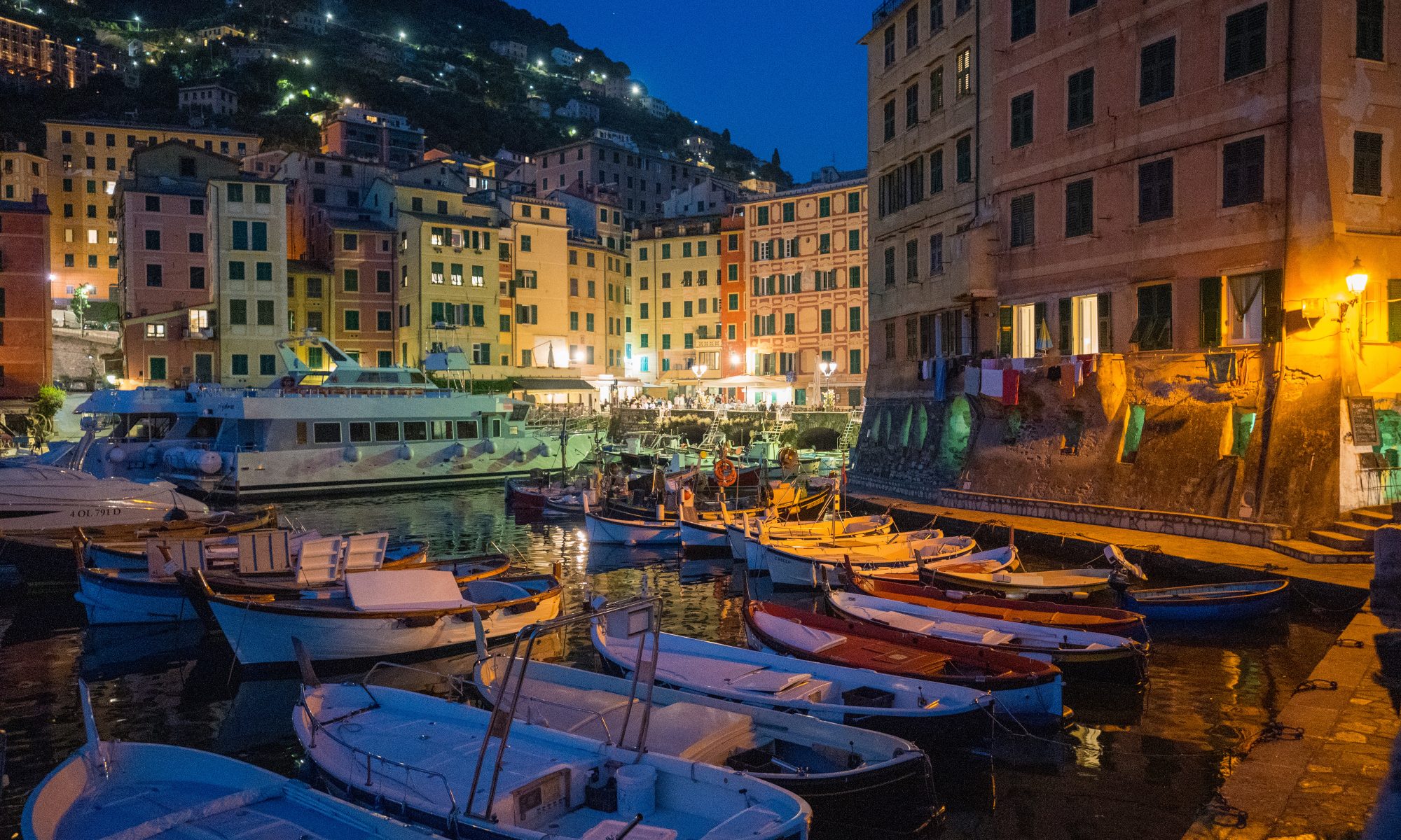Small boats in a harbour at night